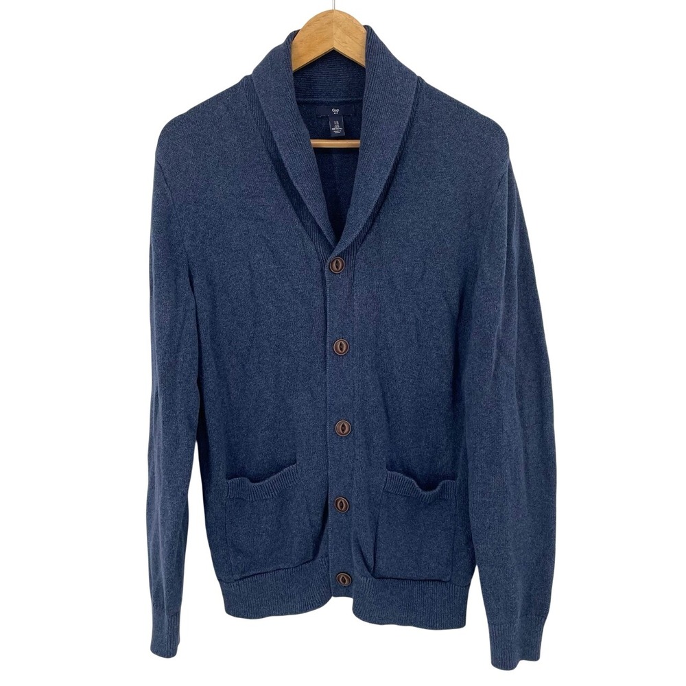 GAP Men's Medium Cardigan Sweater Shawl Collar Blue Button Up Knit Grandpa Cabin